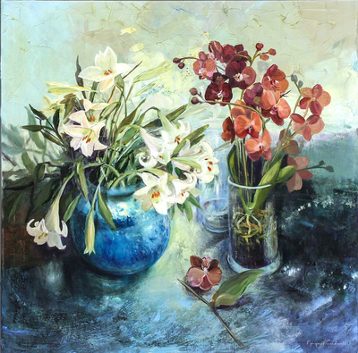 Margaret Gradwell - FLORAL SYMPHONY - ACRYLIC AND OIL ON CANVAS - 39 X 39