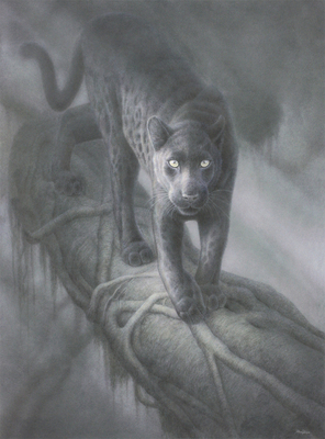 Renso Tamse - BAGHEERA ENTERS THE SCENE - WAXED WATERCOLOR - 48 X 36 -  Bagheera Enters The Scene<br><br>From the hush of the rain-soaked jungle, he emerges — a shadow given form. Each step along the thick, moss-covered branch is soundless, deliberate, as though the forest itself carries his weight. Mist coils around his dark coat, blurring the line between leopard, light and shadow.<br><br>Then his eyes find you.<br><br>Amber and unwavering, they cut through the damp air with quiet authority - not wild, not hurried, but certain. In that steady gaze lives patience, power, and the ancient law of the jungle.<br><br>Bagheera has entered the scene… and nothing in the forest remains unaware.<br><br>“Thou art of the jungle or not of the jungle. And I am only a black panther. But I love thee, little brother.” - Bagheera