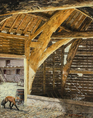 Suzie Seerey-Lester - BARN STORMING - ACRYLIC - 16 X 20 - All barns fascinate me, old ones, new ones and especially falling down barns.   I discovered this old barn on one of our trips to England.   I loved the way the light lit up the haylofts, and danced in the background.   I added a fox to tell a story and add a secondary point of interest.<br><br>In this, and all of my paintings I have hidden my husband’s and my initials, (J+S) somewhere in the piece. See if you can find them.  <br><br>Suzie Seerey-Lester