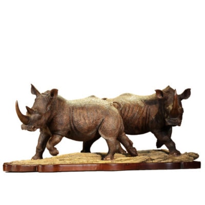 Twin Rhinos Wooden Sculpture